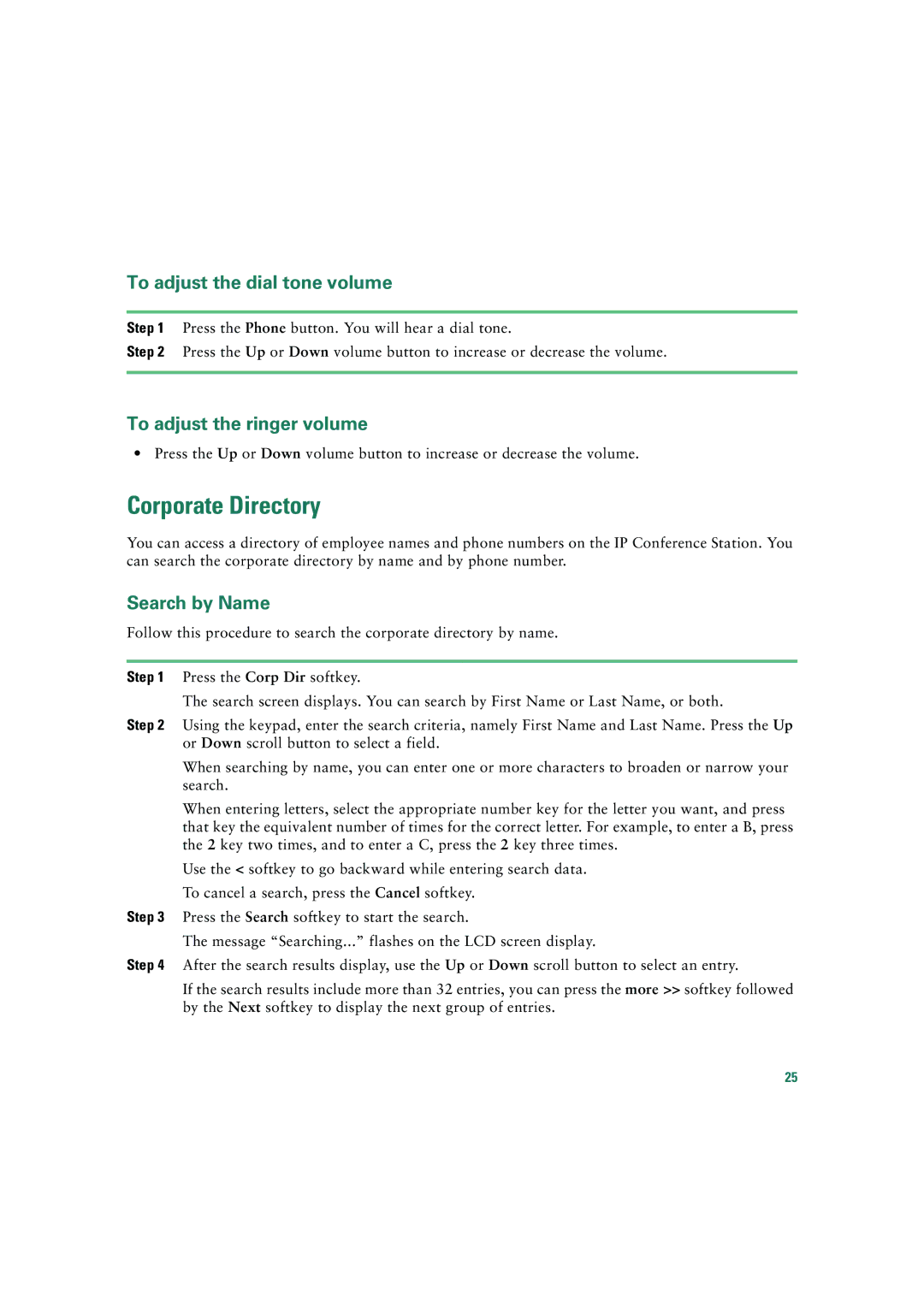 Cisco Systems 7935 Corporate Directory, To adjust the dial tone volume, To adjust the ringer volume, Search by Name 