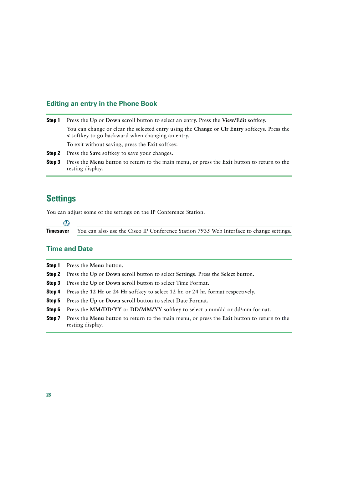 Cisco Systems 7935 quick start Settings, Editing an entry in the Phone Book, Time and Date 