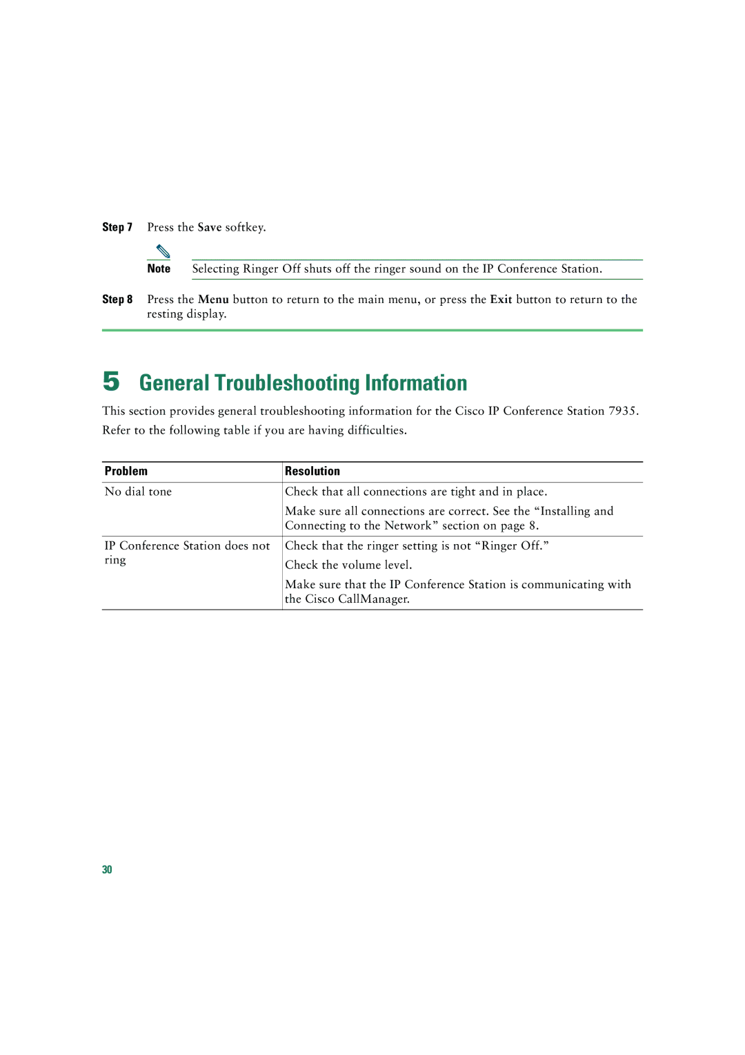 Cisco Systems 7935 quick start General Troubleshooting Information, Problem Resolution 