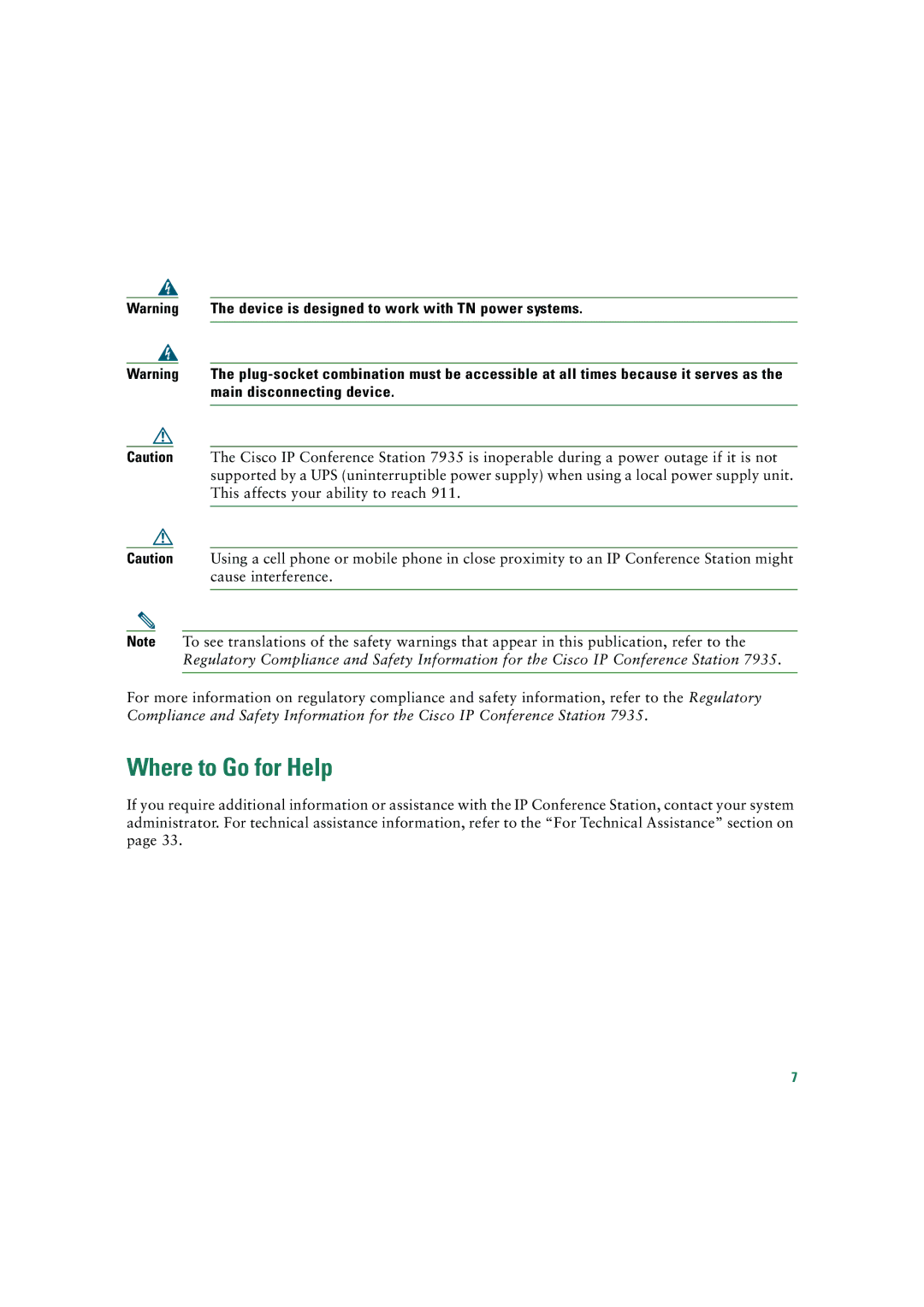 Cisco Systems 7935 quick start Where to Go for Help, Main disconnecting device 