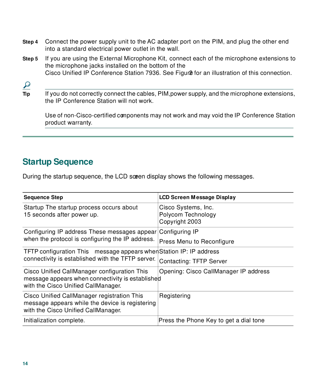 Cisco Systems 7936 warranty Startup Sequence, Sequence Step LCD Screen Message Display 