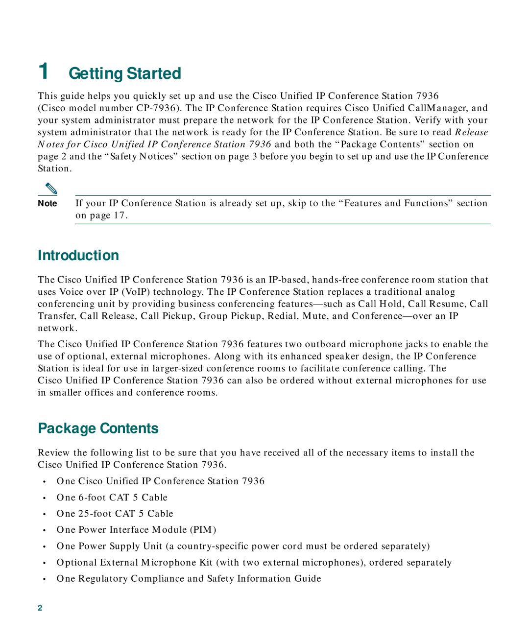 Cisco Systems 7936 warranty Getting Started, Introduction, Package Contents 