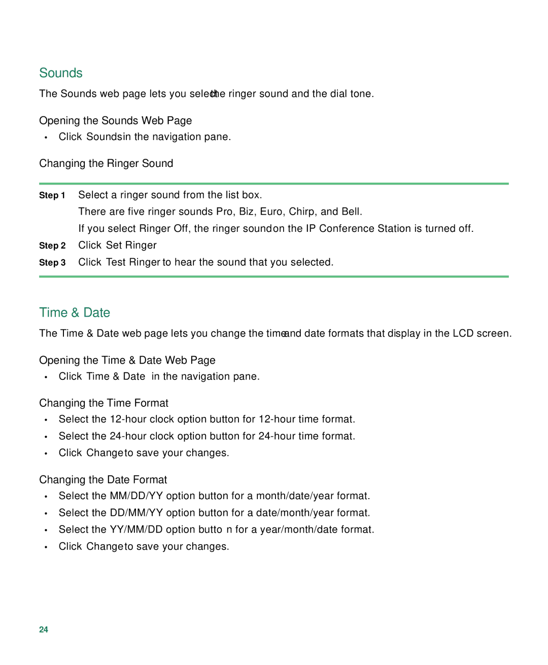 Cisco Systems 7936 warranty Opening the Sounds Web, Changing the Ringer Sound, Opening the Time & Date Web 