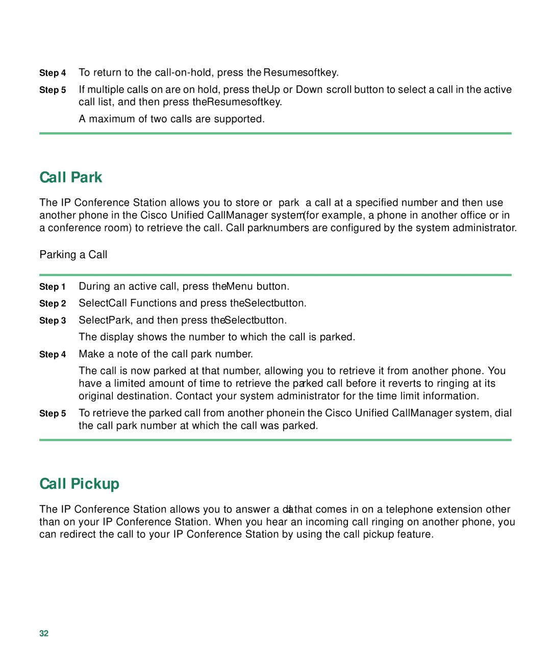 Cisco Systems 7936 warranty Call Park, Call Pickup, Parking a Call 