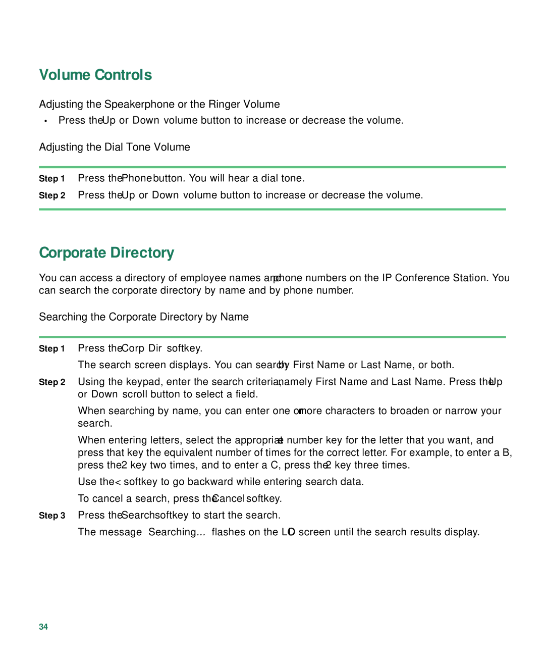 Cisco Systems 7936 warranty Volume Controls, Corporate Directory, Adjusting the Speakerphone or the Ringer Volume 