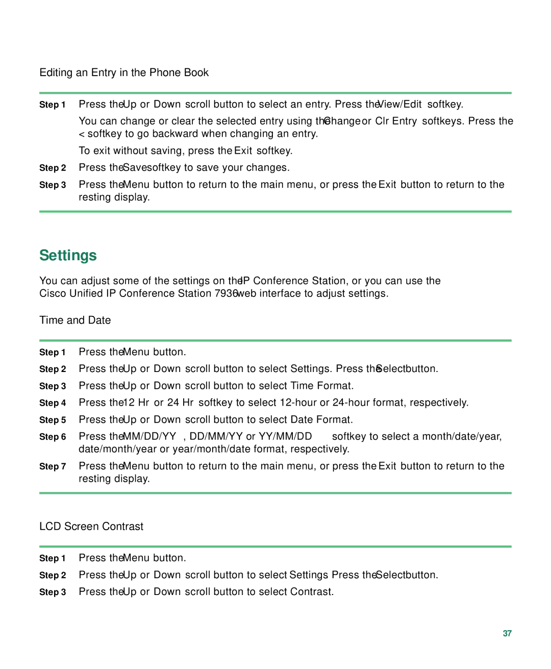 Cisco Systems 7936 warranty Settings, Editing an Entry in the Phone Book, Time and Date, LCD Screen Contrast 