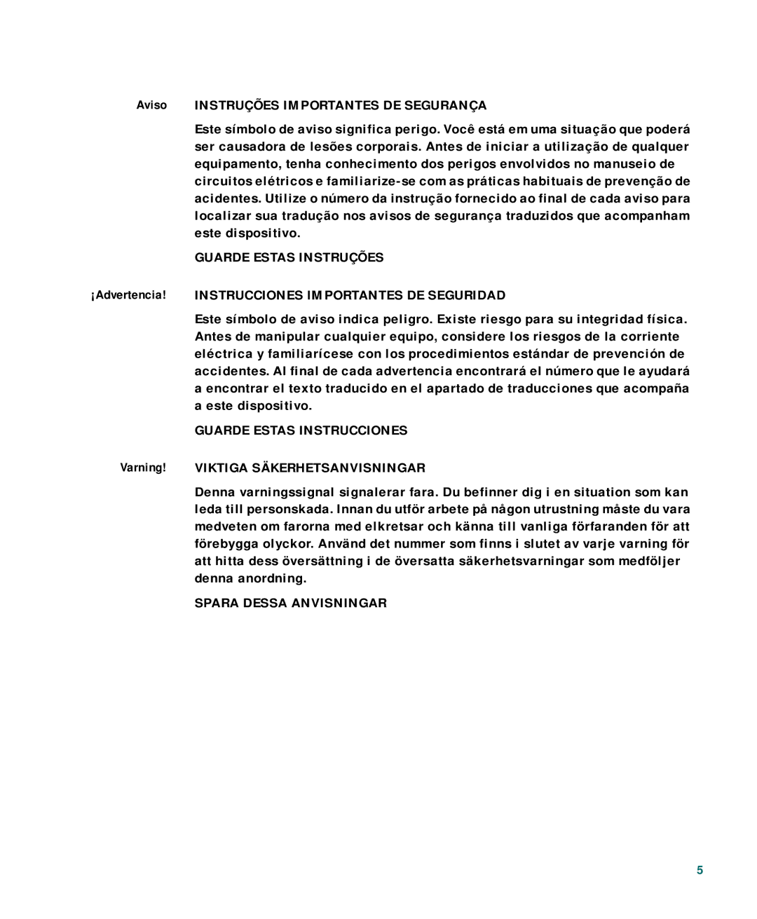 Cisco Systems 7936 warranty Aviso Instruções Importantes DE Segurança, Varning! Viktiga Säkerhetsanvisningar 