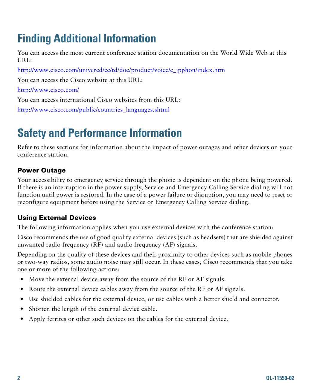 Cisco Systems 7937G warranty Finding Additional Information, Safety and Performance Information, Power Outage 