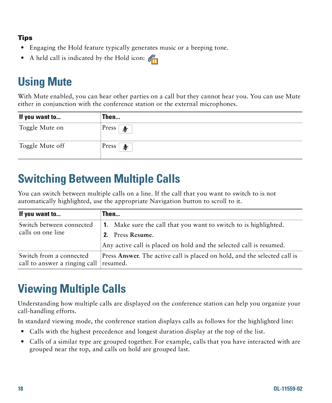 Cisco Systems 7937G warranty Using Mute, Switching Between Multiple Calls, Viewing Multiple Calls, Tips 