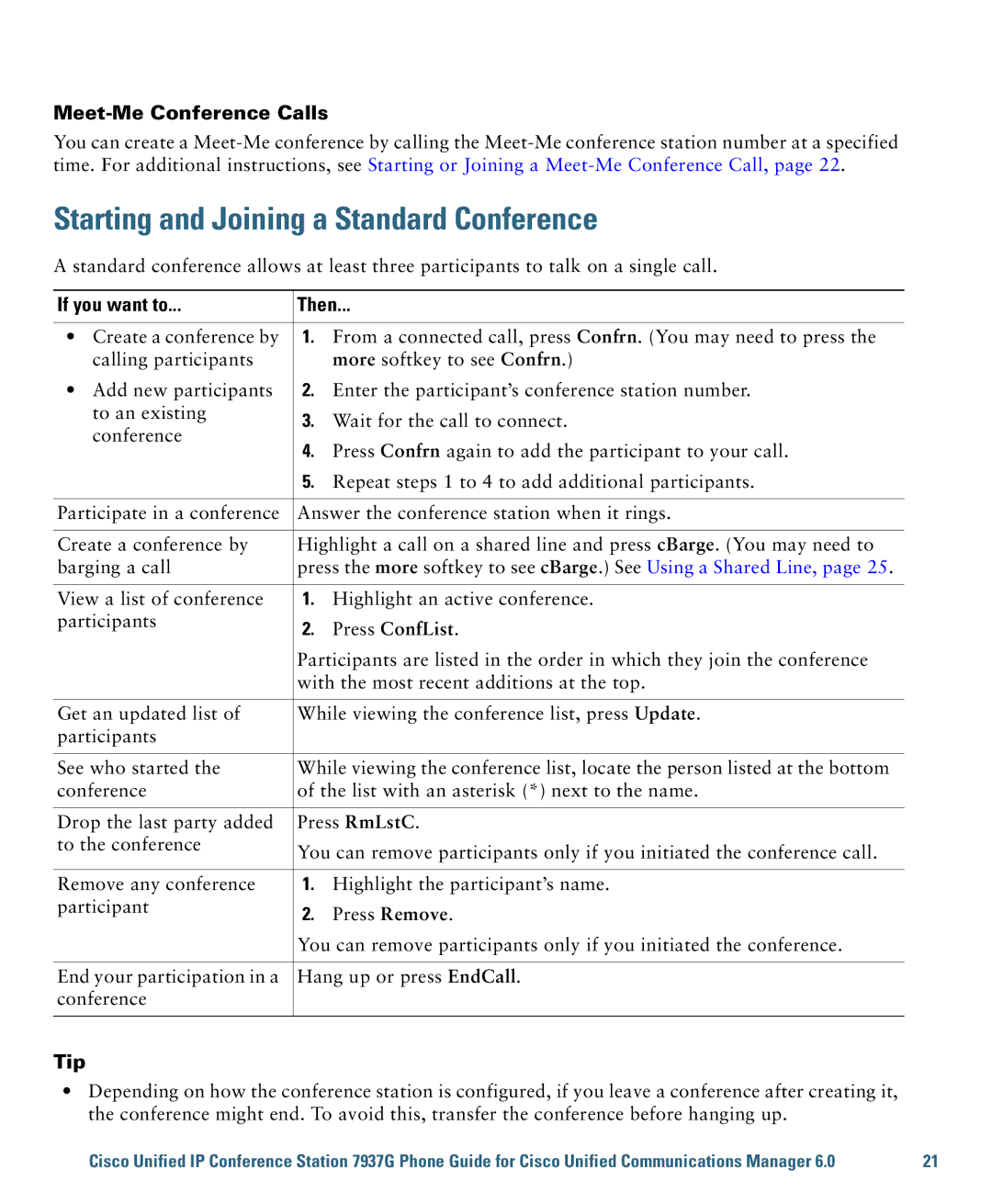 Cisco Systems 7937G warranty Starting and Joining a Standard Conference, Meet-Me Conference Calls, Press ConfList 