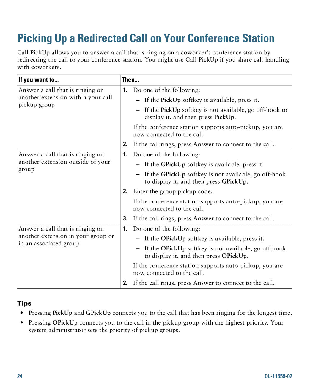 Cisco Systems 7937G warranty Picking Up a Redirected Call on Your Conference Station 