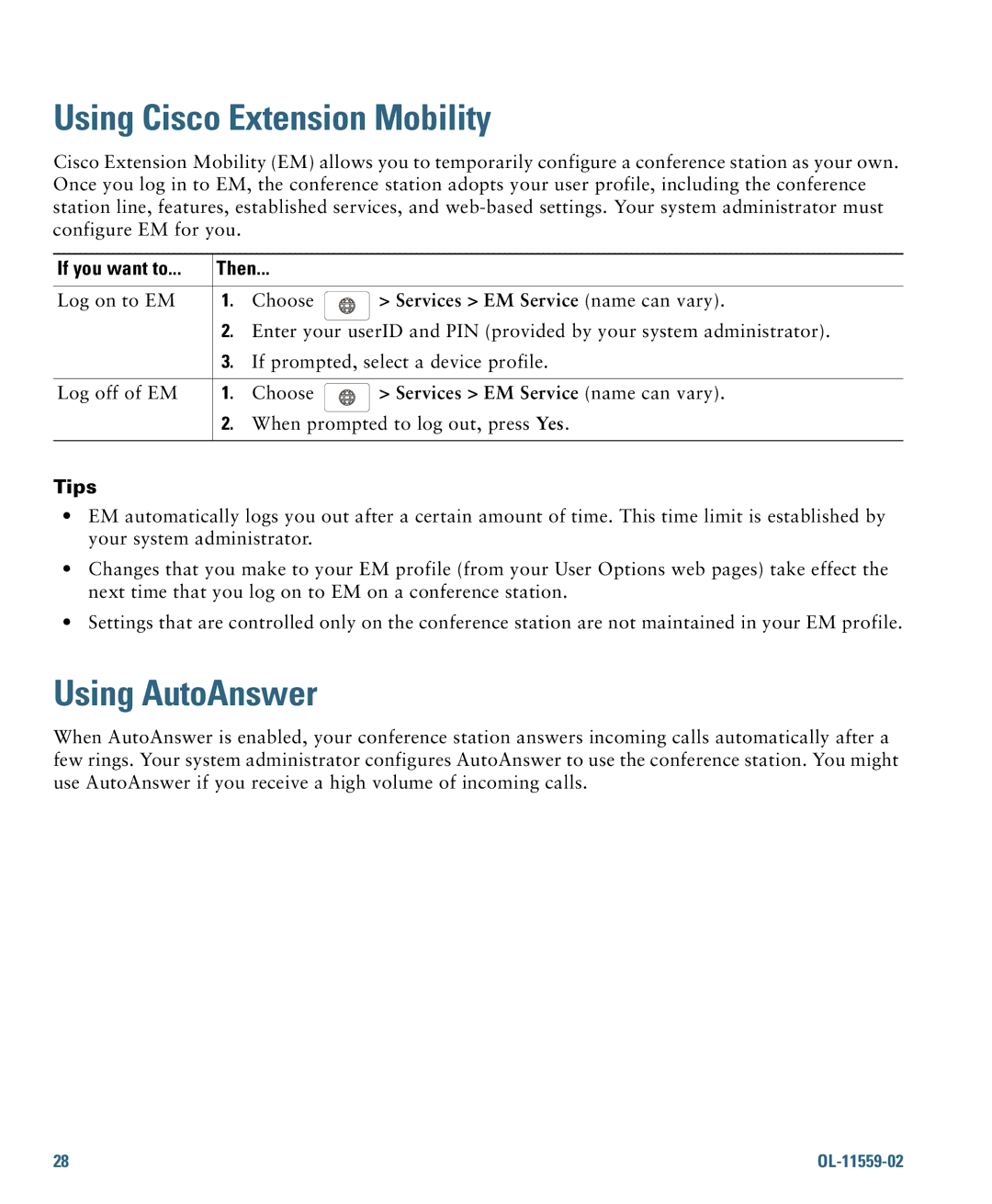 Cisco Systems 7937G warranty Using Cisco Extension Mobility, Using AutoAnswer 