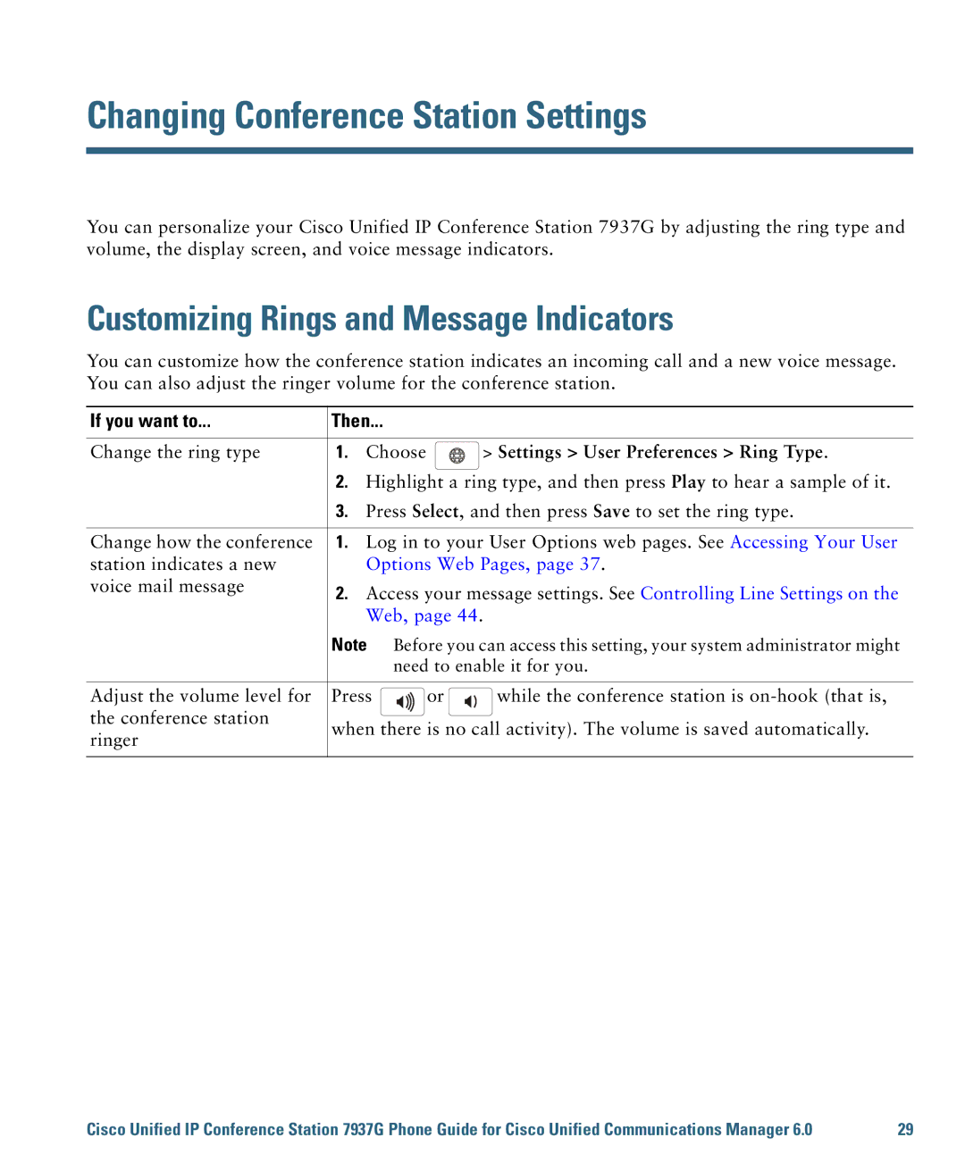 Cisco Systems 7937G warranty Changing Conference Station Settings, Customizing Rings and Message Indicators, Web 