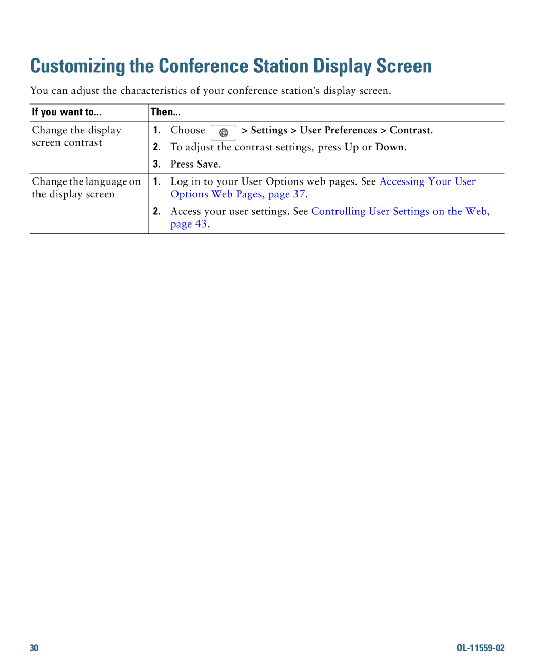 Cisco Systems 7937G warranty Customizing the Conference Station Display Screen, Settings User Preferences Contrast 