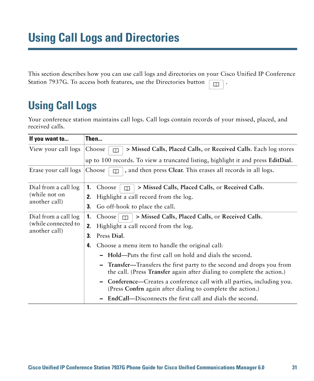 Cisco Systems 7937G warranty Using Call Logs and Directories, Missed Calls , Placed Calls , or Received Calls 