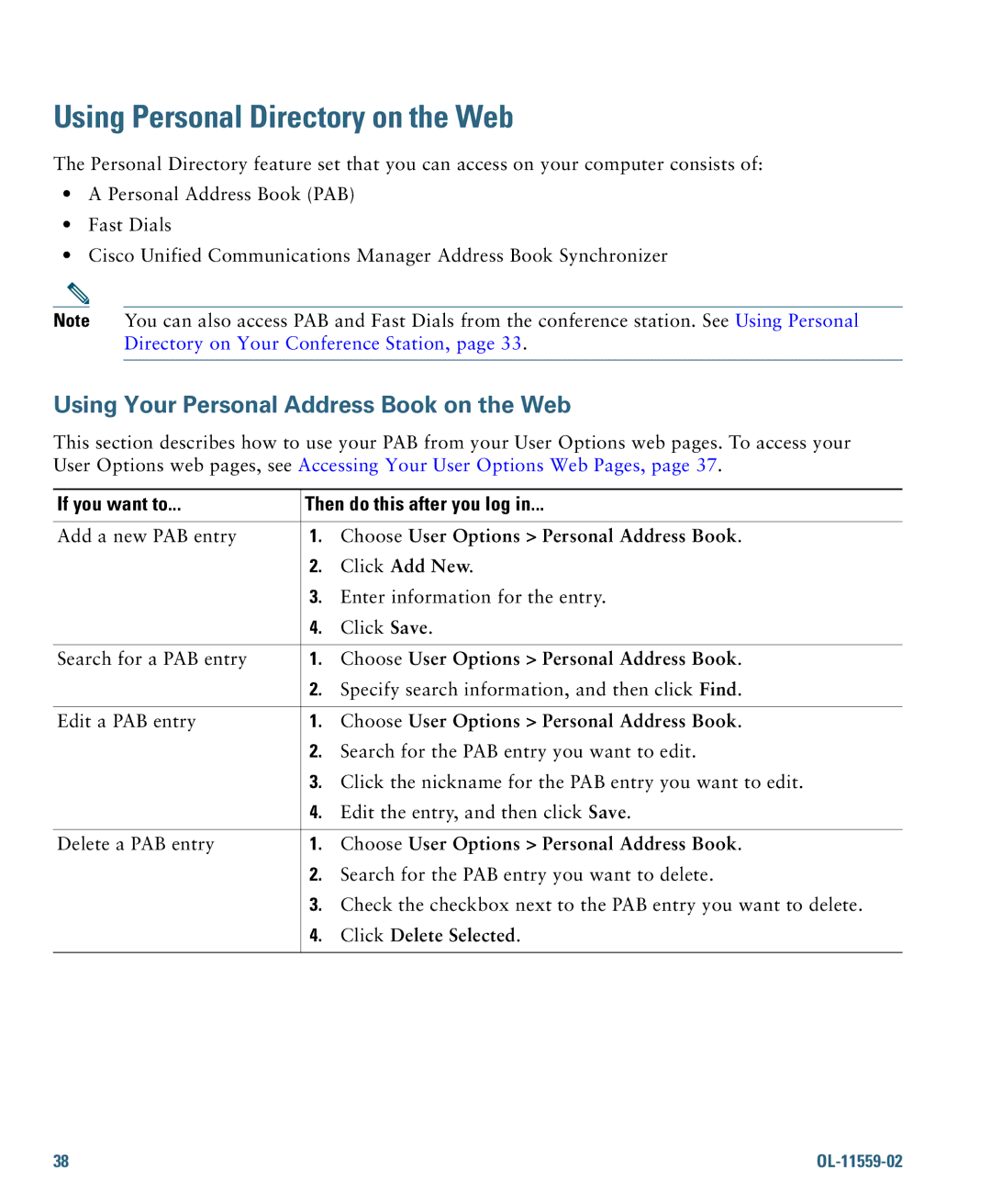 Cisco Systems 7937G Using Personal Directory on the Web, If you want to Then do this after you log, Click Delete Selected 