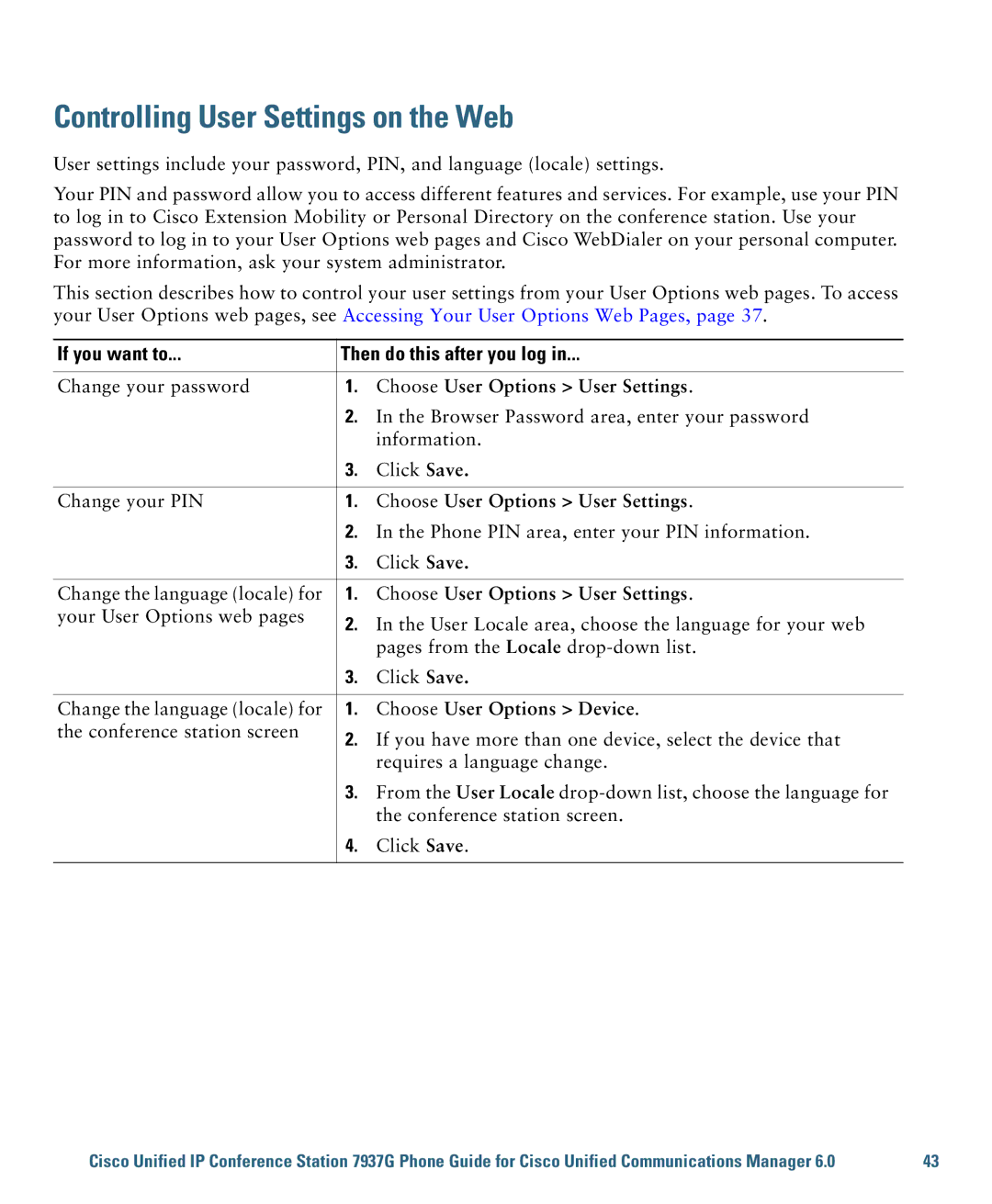 Cisco Systems 7937G warranty Controlling User Settings on the Web, Choose User Options User Settings 