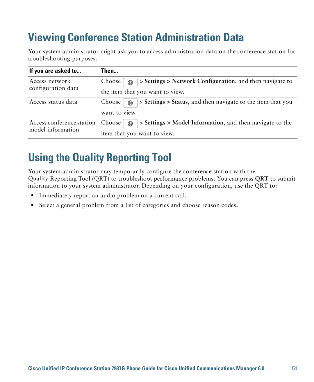 Cisco Systems 7937G warranty Viewing Conference Station Administration Data, Using the Quality Reporting Tool 