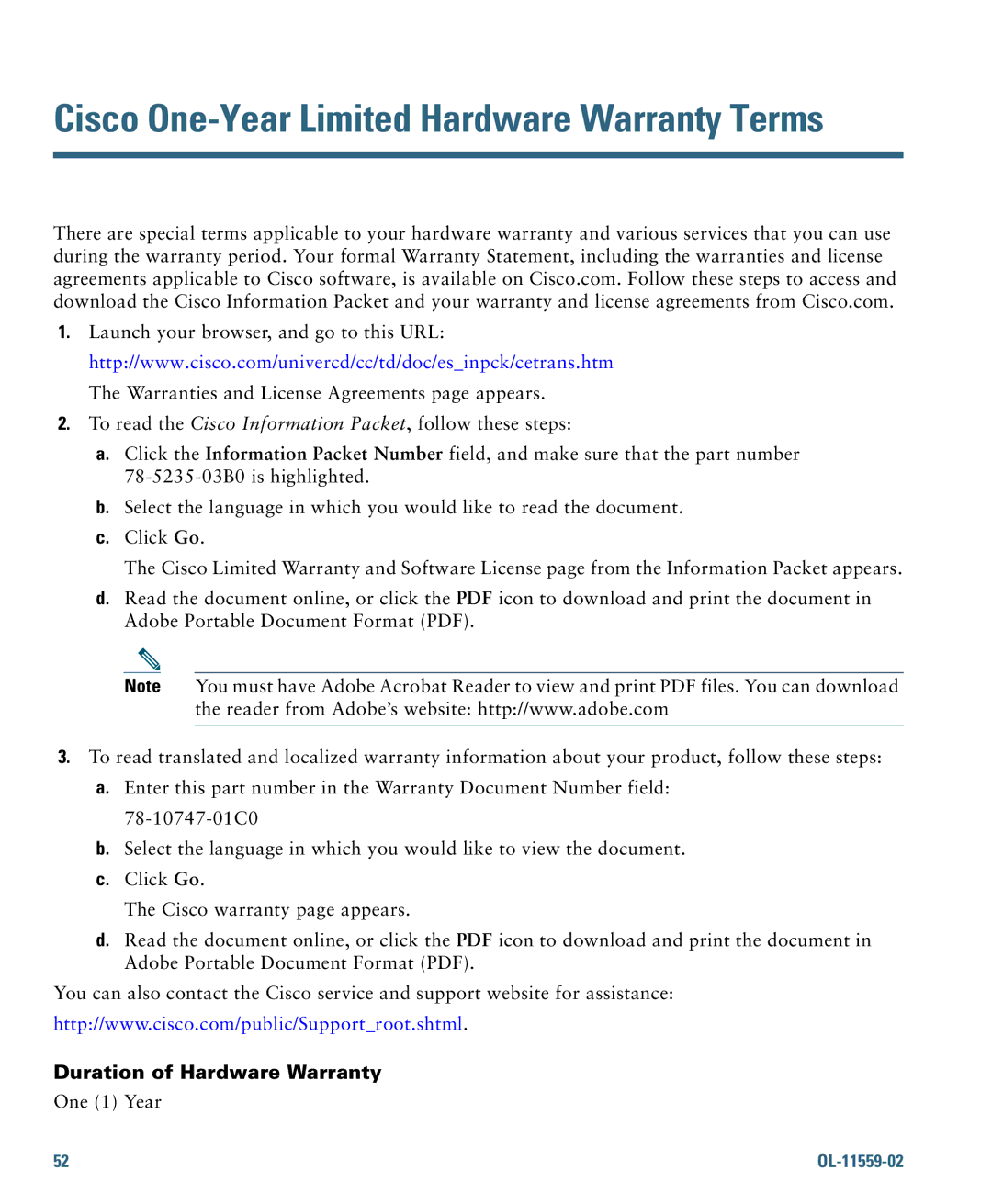 Cisco Systems 7937G warranty Cisco One-Year Limited Hardware Warranty Terms, Duration of Hardware Warranty 