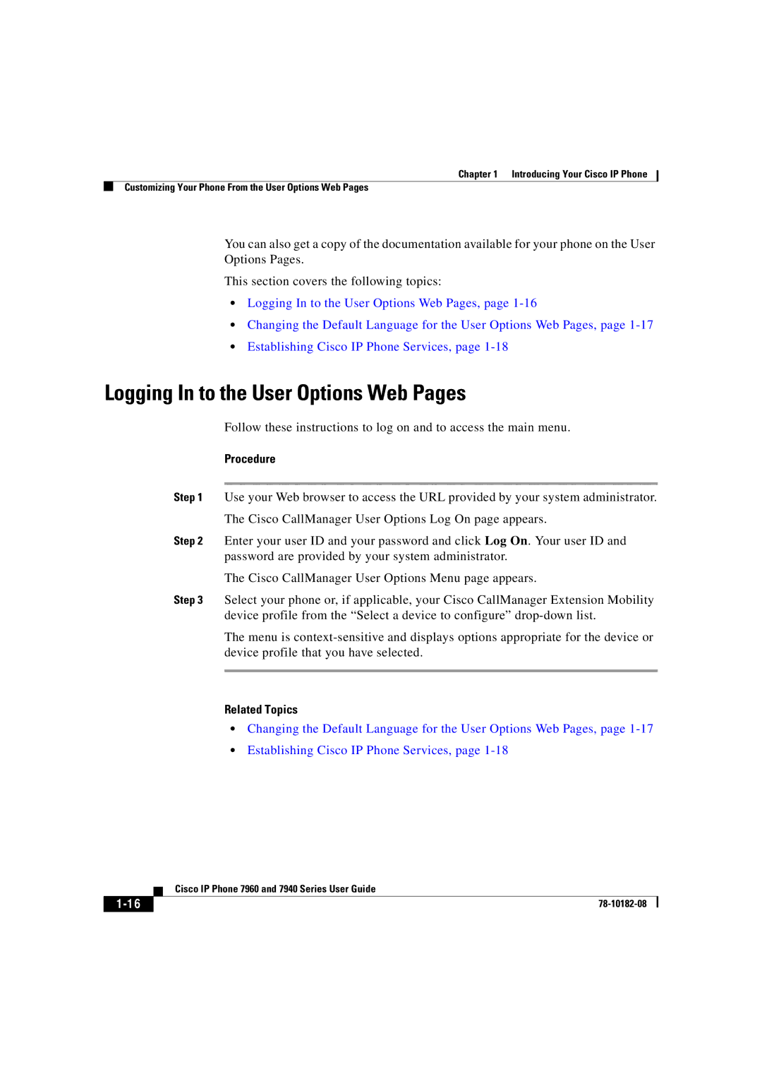 Cisco Systems 7940, 7960 manual Logging In to the User Options Web Pages 