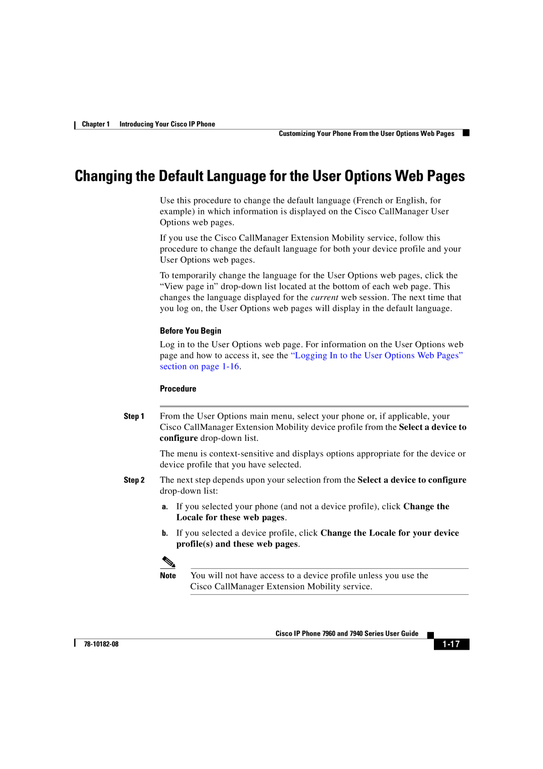 Cisco Systems 7960, 7940 manual Changing the Default Language for the User Options Web Pages 