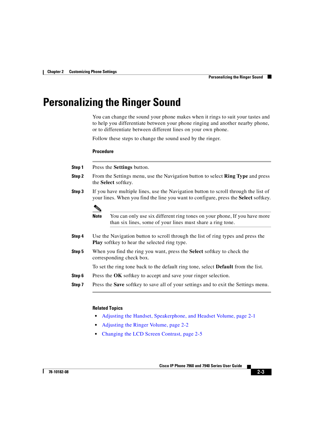 Cisco Systems 7960, 7940 manual Personalizing the Ringer Sound 