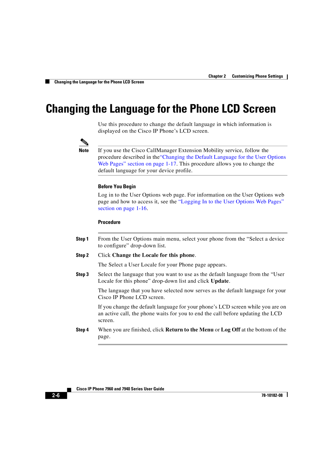 Cisco Systems 7940, 7960 manual Changing the Language for the Phone LCD Screen 