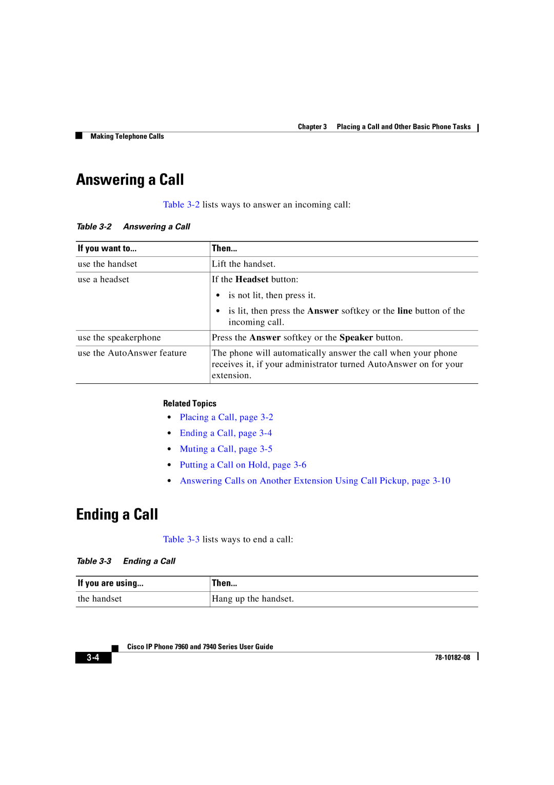 Cisco Systems 7940, 7960 manual Answering a Call, Ending a Call 