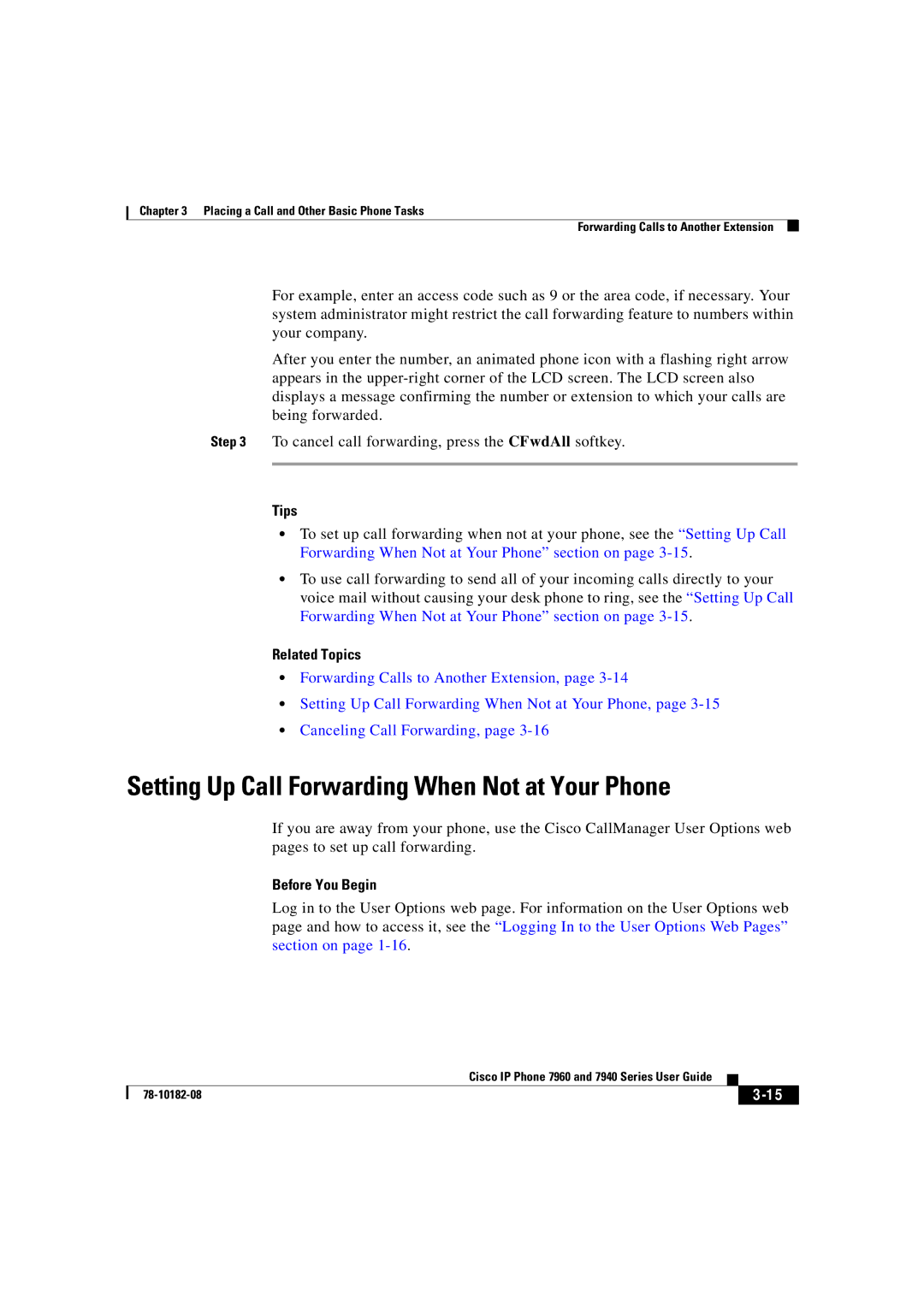 Cisco Systems 7960, 7940 manual Setting Up Call Forwarding When Not at Your Phone, Tips 