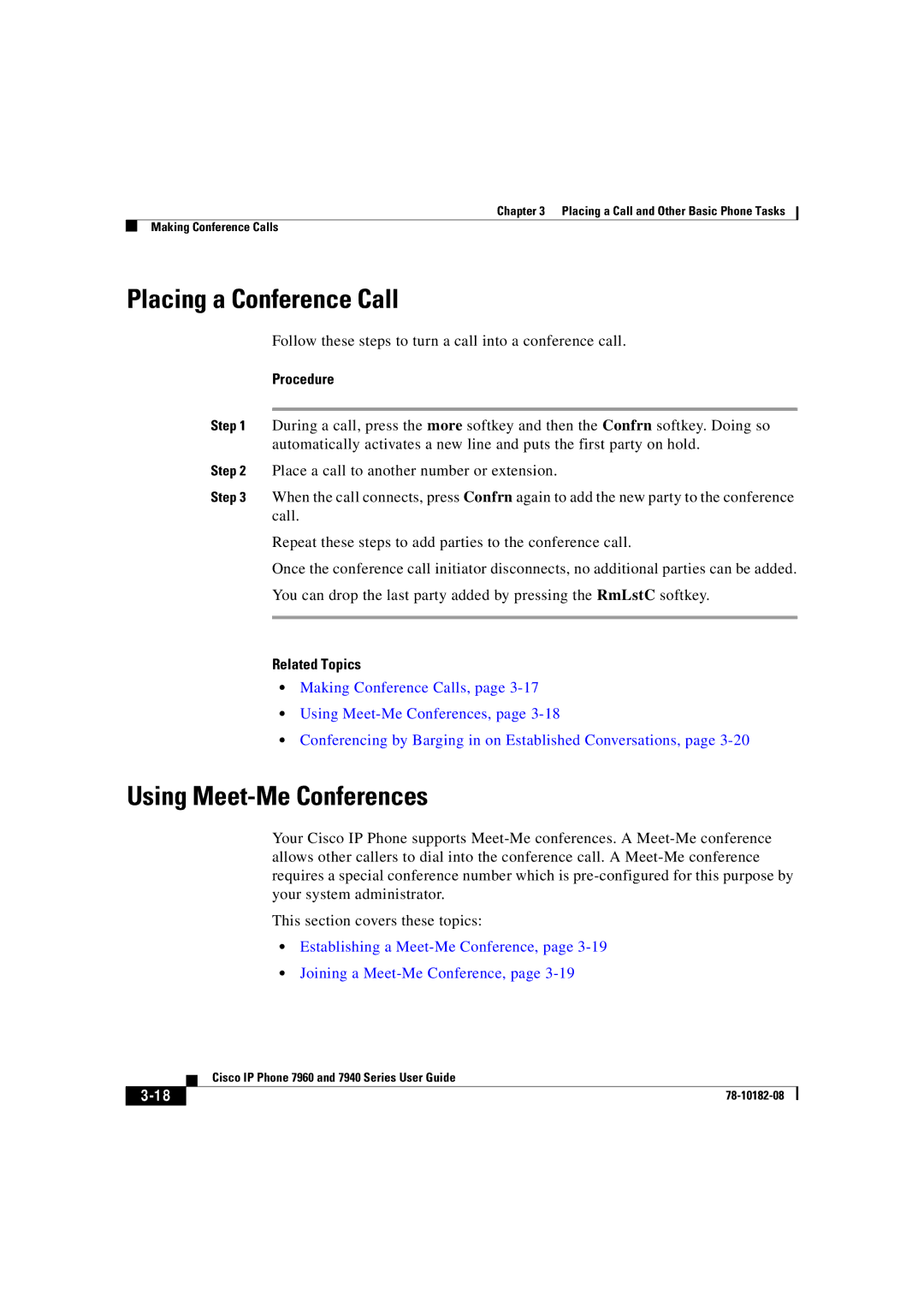 Cisco Systems 7940, 7960 manual Placing a Conference Call, Using Meet-Me Conferences 