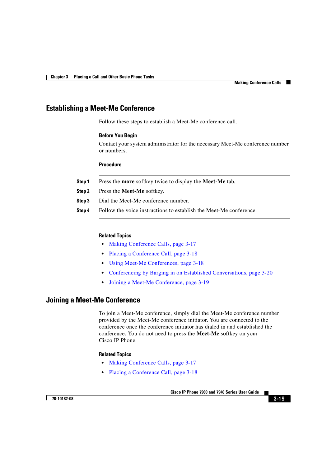 Cisco Systems 7960, 7940 manual Establishing a Meet-Me Conference, Making Conference Calls, Placing a Conference Call 