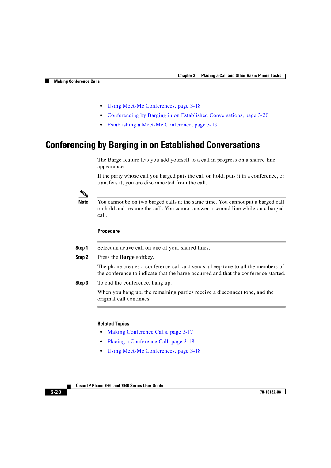 Cisco Systems 7940, 7960 manual Conferencing by Barging in on Established Conversations 