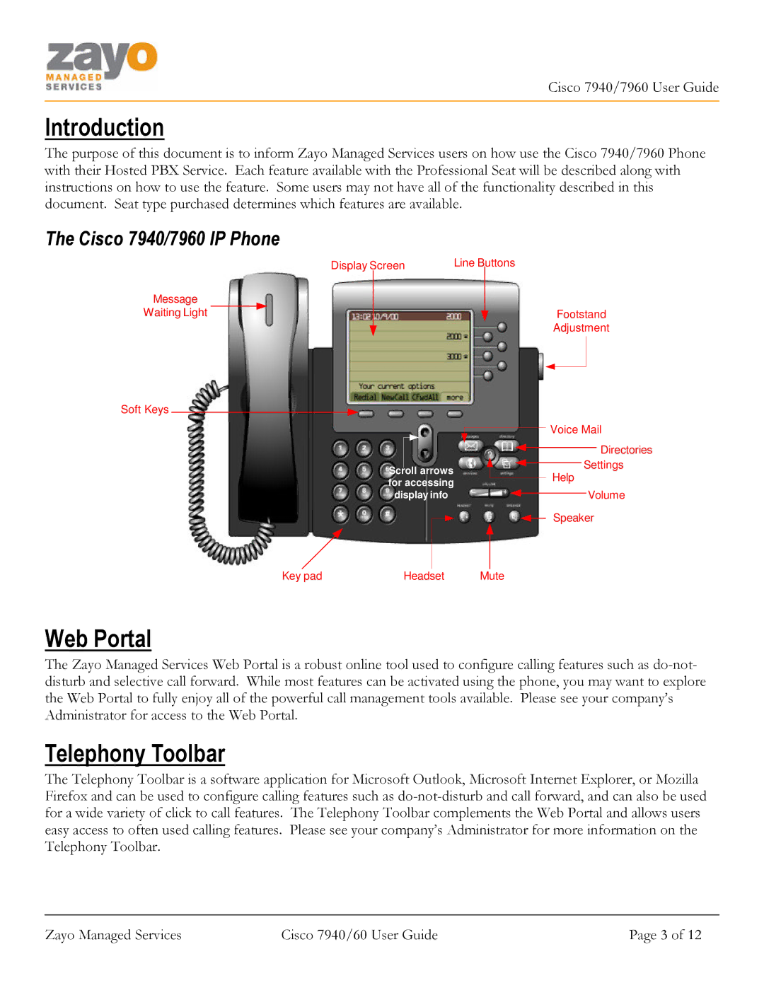 Cisco Systems manual Introduction, Web Portal, Telephony Toolbar, Cisco 7940/7960 IP Phone 