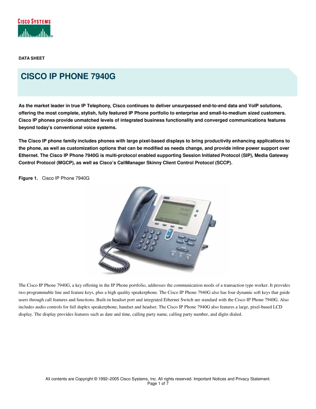 Cisco Systems manual Cisco IP Phone 7940G 