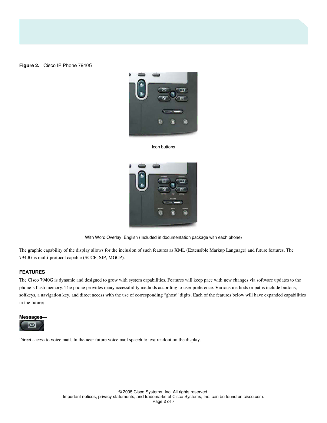 Cisco Systems 7940G manual Features, Messages 