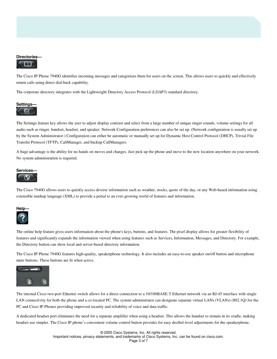 Cisco Systems 7940G manual Directories, Settings, Services, Help 