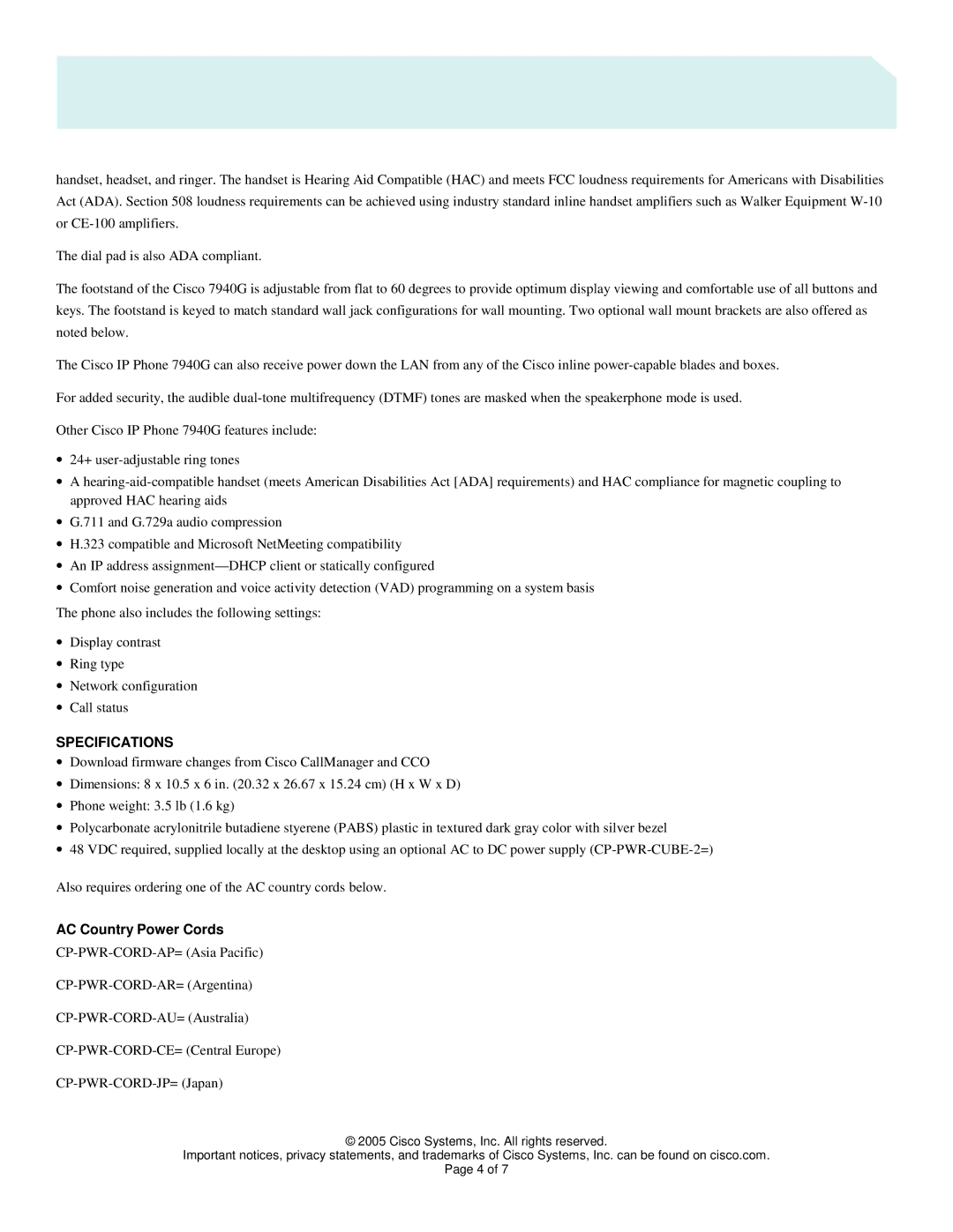 Cisco Systems 7940G manual Specifications, AC Country Power Cords 