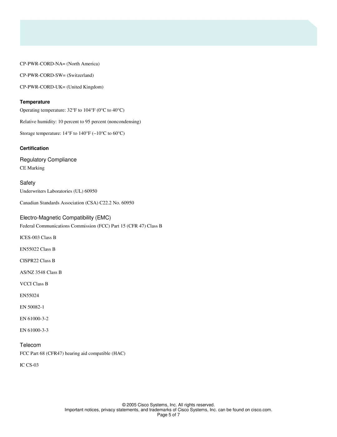 Cisco Systems 7940G manual Temperature, Certification 