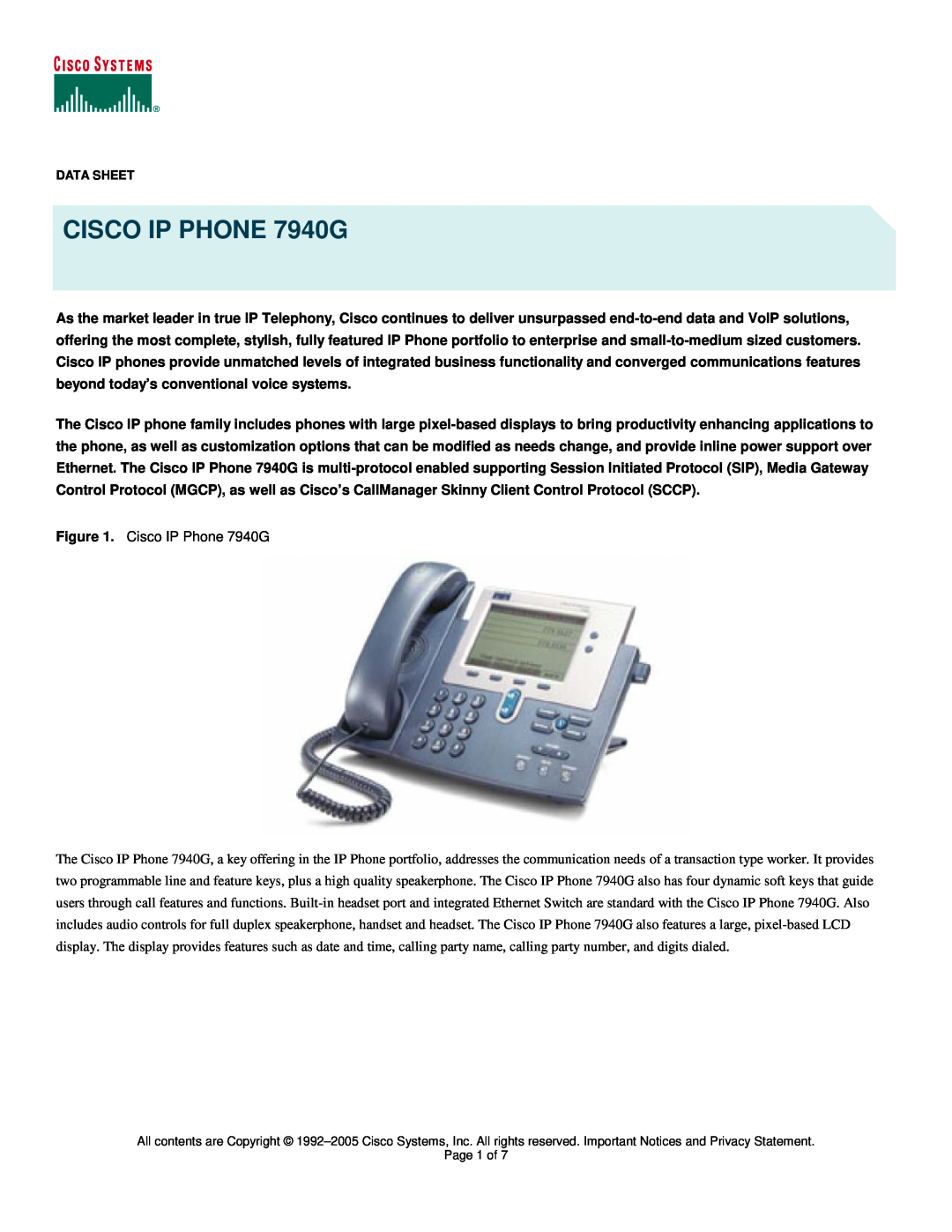 Cisco Systems manual Cisco IP Phone 7940G, CISCO IP PHONE 7940G 