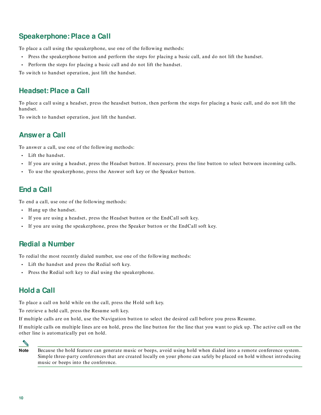 Cisco Systems 7906G, 7941G Speakerphone Place a Call, Headset Place a Call, Answer a Call, End a Call, Redial a Number 