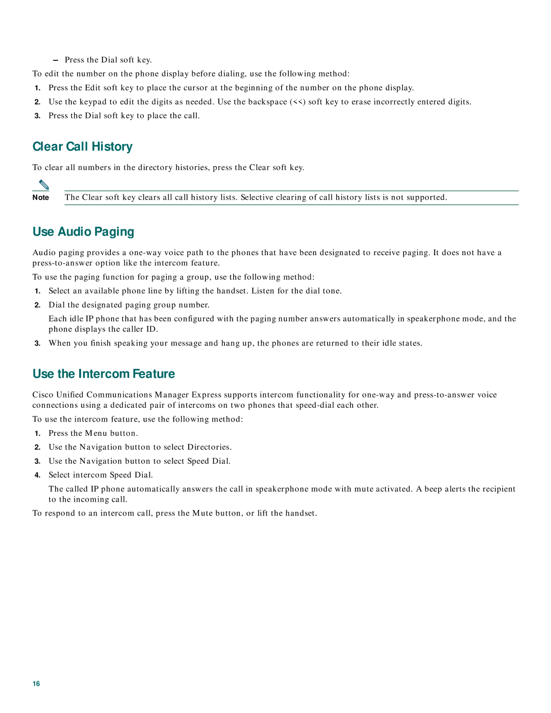 Cisco Systems 7906G, 7941G, 7961G, 7960G, 7912G, 7911G manual Clear Call History, Use Audio Paging, Use the Intercom Feature 