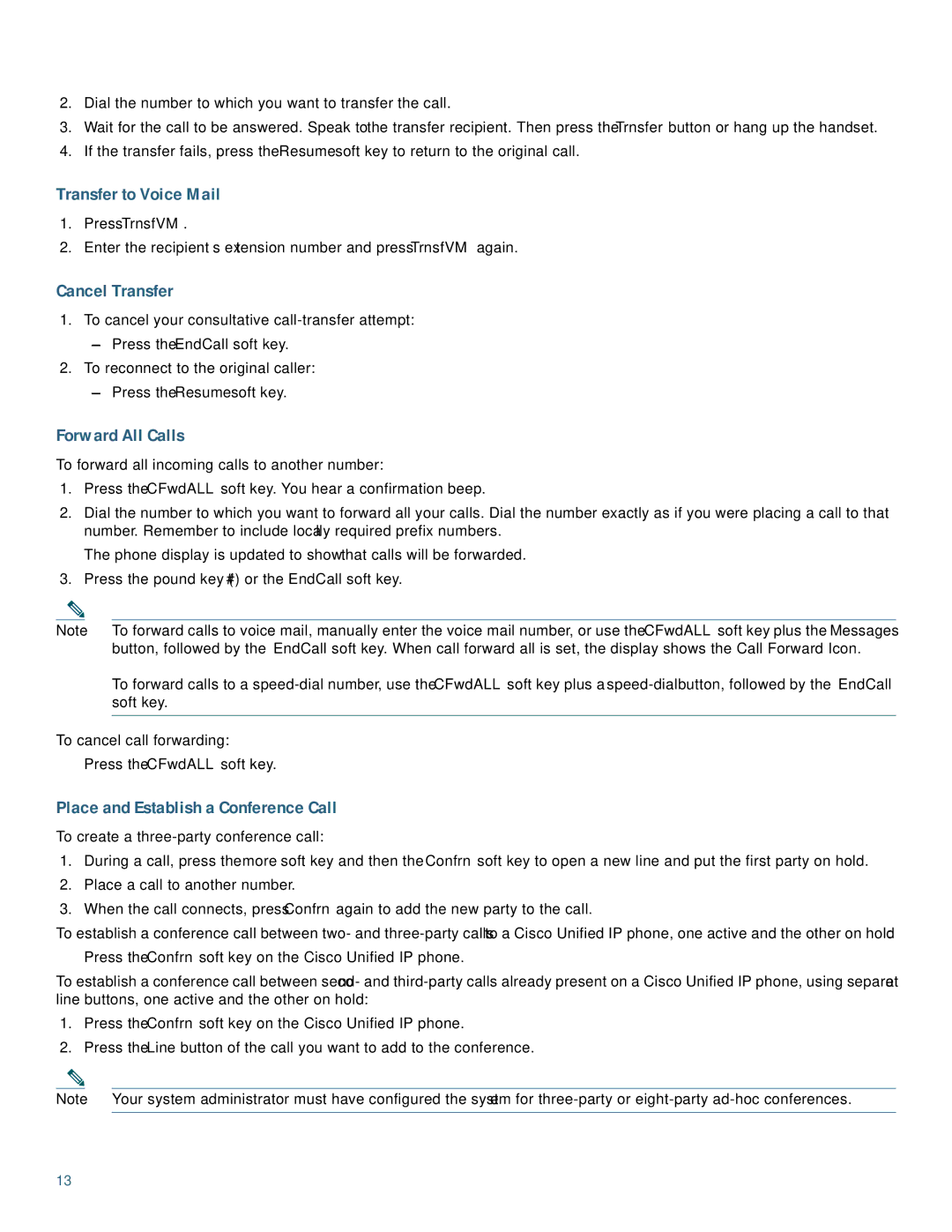 Cisco Systems 7962G Transfer to Voice Mail, Cancel Transfer, Forward All Calls, Place and Establish a Conference Call 