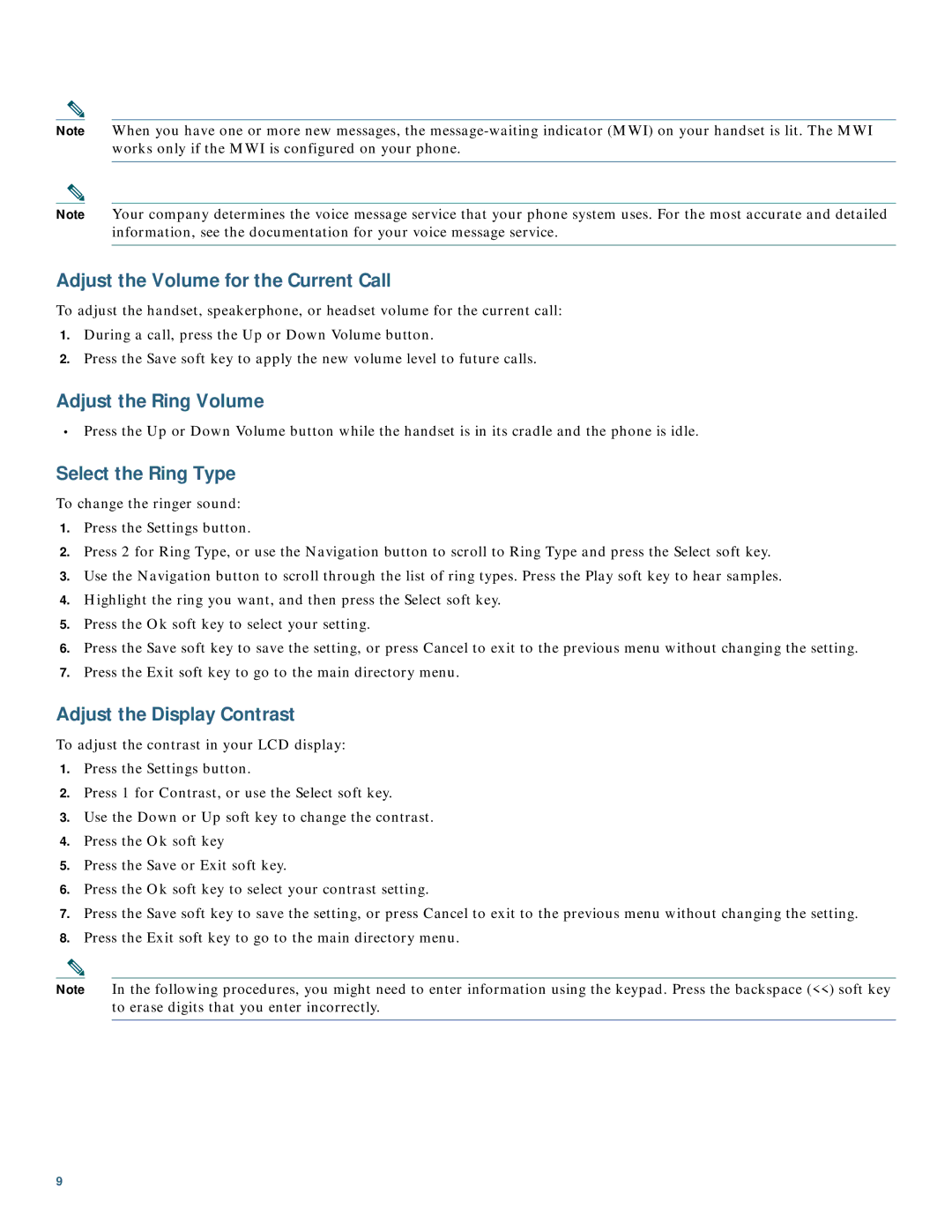 Cisco Systems 7962G, 7942G manual Adjust the Volume for the Current Call, Adjust the Ring Volume, Select the Ring Type 