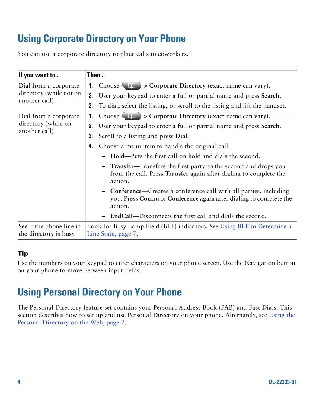 Cisco Systems 7942G manual Using Corporate Directory on Your Phone, Using Personal Directory on Your Phone 