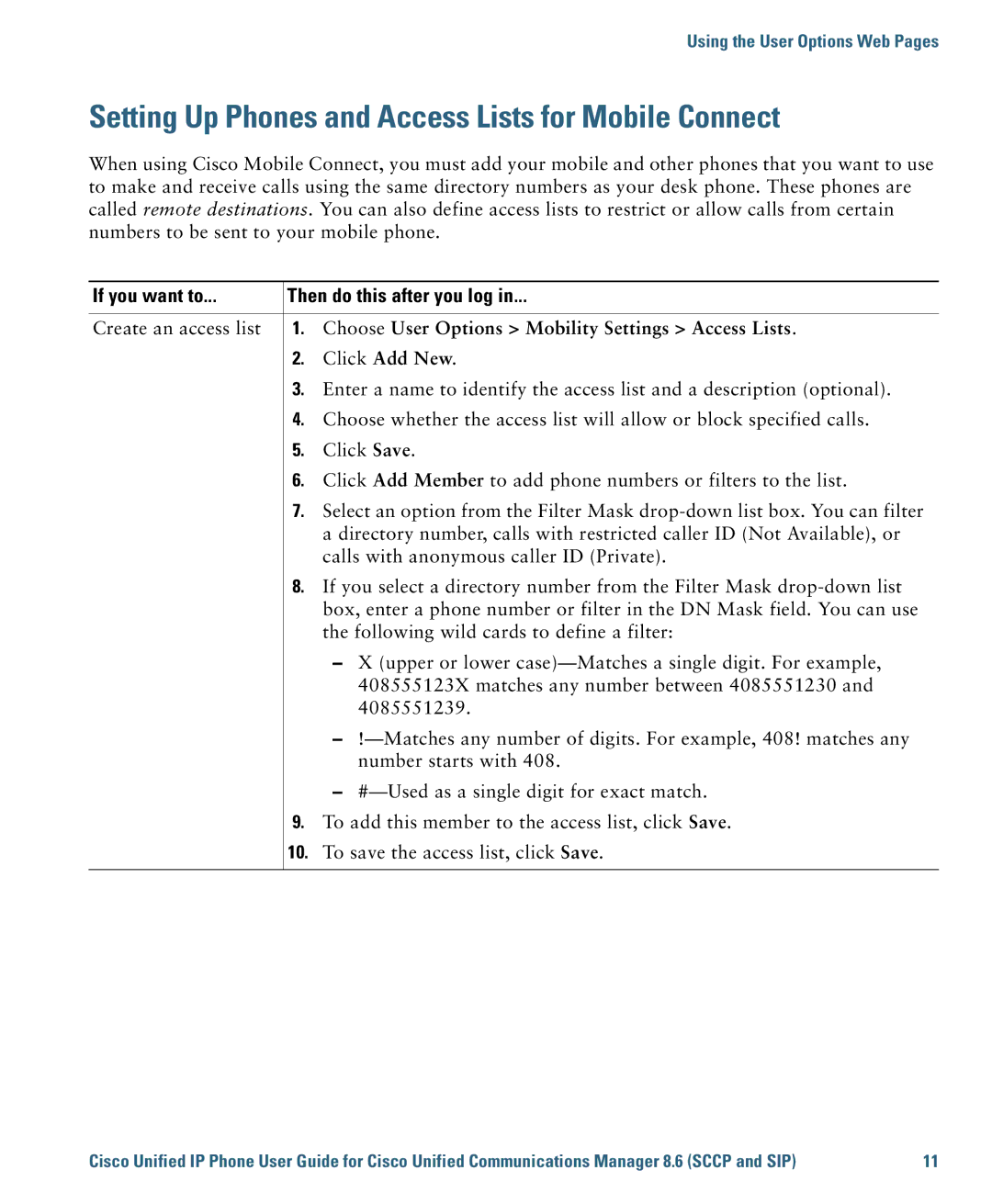 Cisco Systems 7942G manual Setting Up Phones and Access Lists for Mobile Connect 