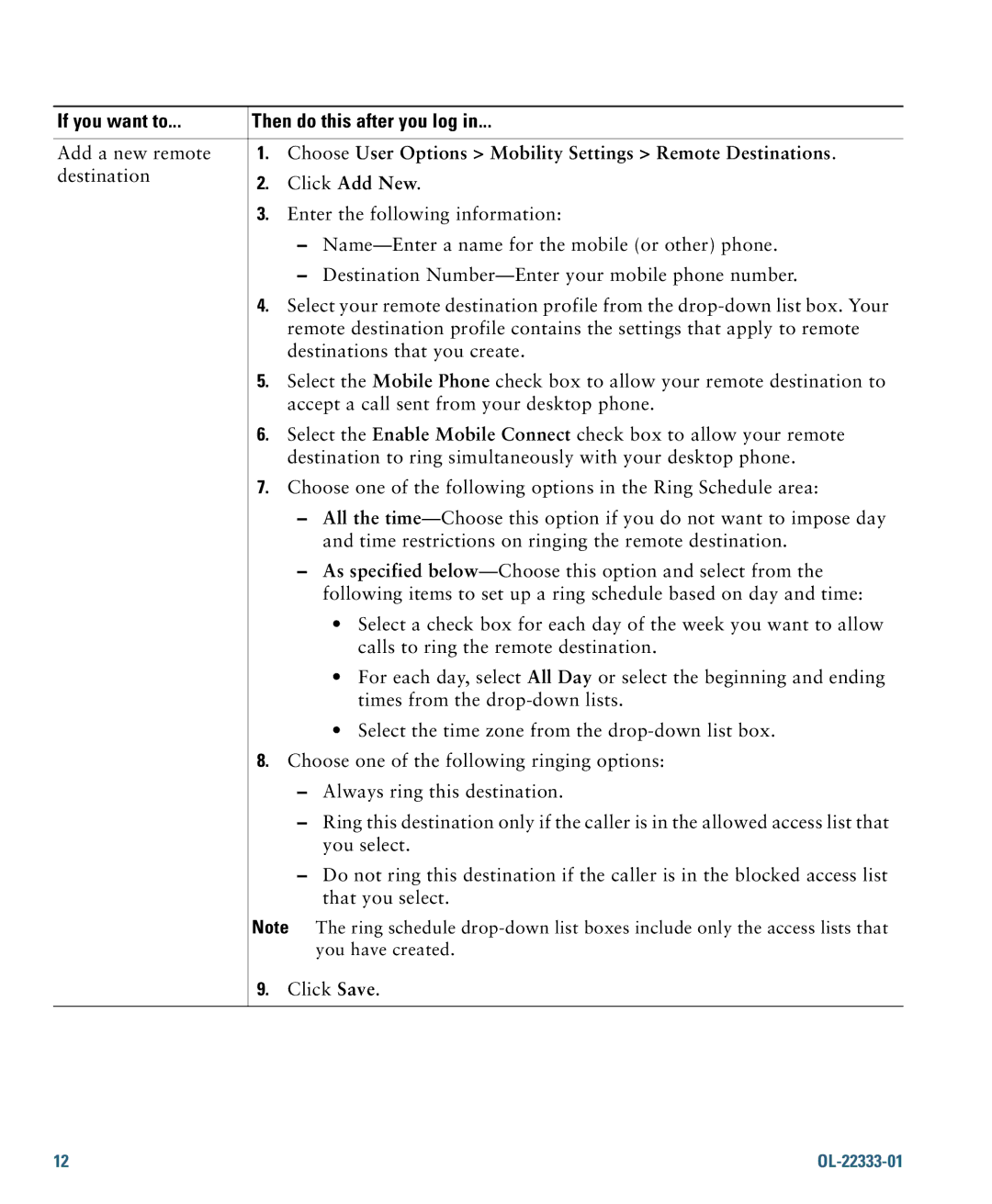 Cisco Systems 7942G manual Choose User Options Mobility Settings Remote Destinations 