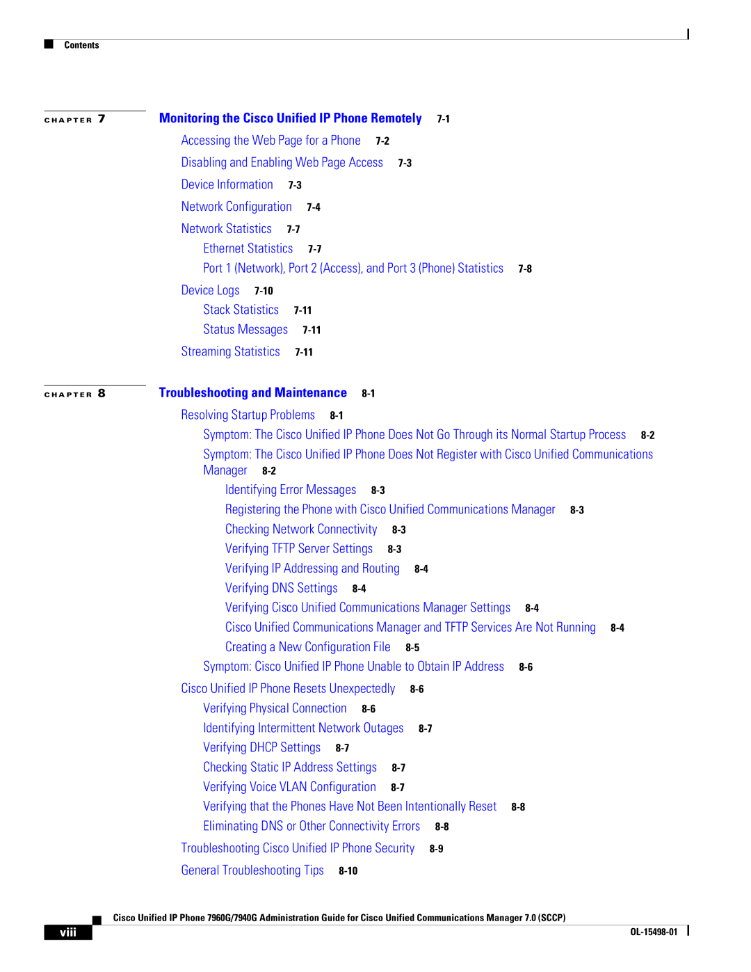 Cisco Systems 7960G, 7940G manual Port 1 Network, Port 2 Access, and Port 3 Phone Statistics, Viii 