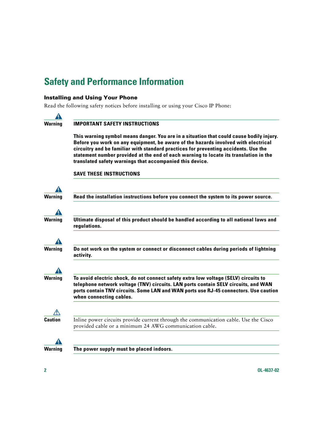 Cisco Systems 7960G, 7940G warranty Safety and Performance Information, Installing and Using Your Phone 