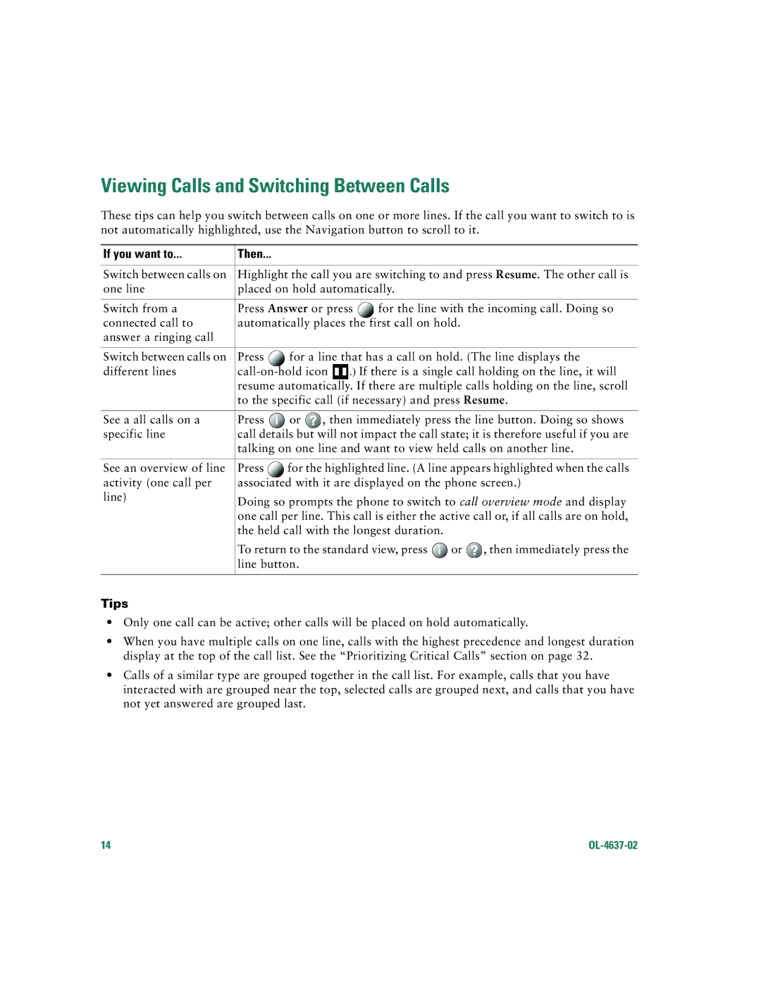 Cisco Systems 7960G, 7940G warranty Viewing Calls and Switching Between Calls, Tips 