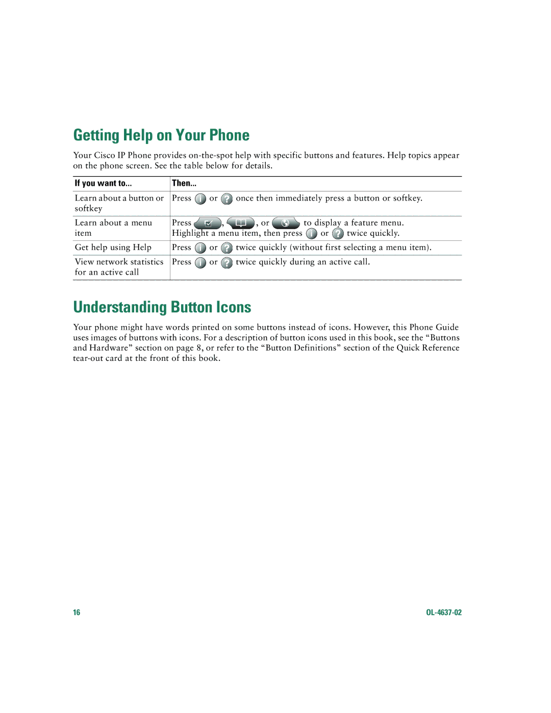 Cisco Systems 7960G, 7940G warranty Getting Help on Your Phone, Understanding Button Icons, If you want to 